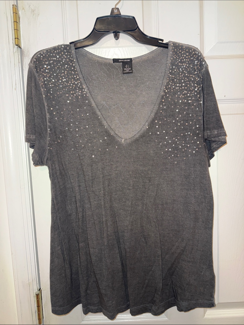 DKNY Gray Studded V-Neck Short Sleeve Tee